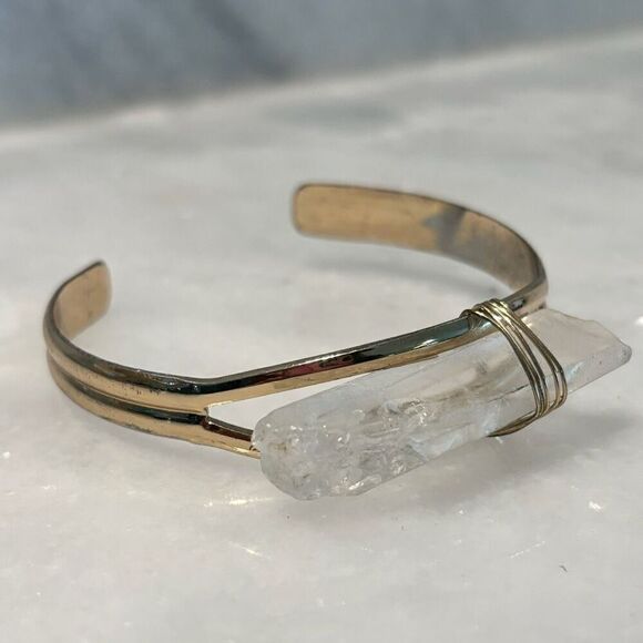 Vtg Anthropologie Stone Large Pointed Quartz Crystal Wire Wrapped Bangle Bracele - Picture 2 of 5
